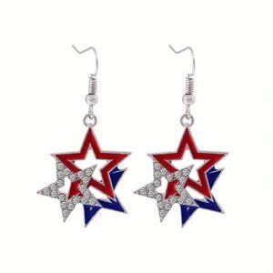 AMERICAN FLAG EARRINGS - Patriotic, Drop Red White Blue Americana Rhinestone